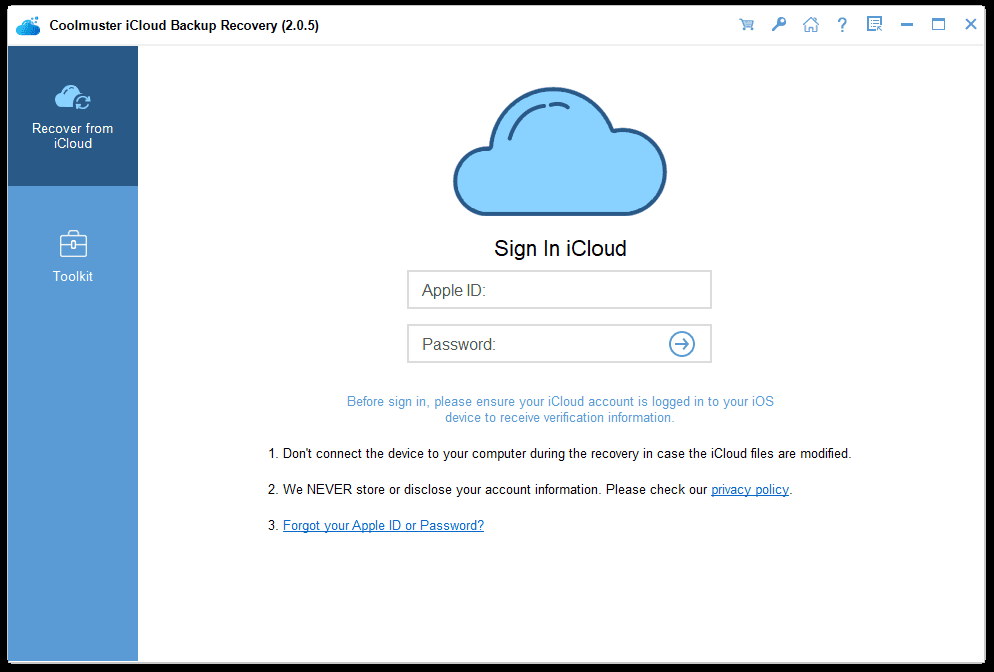 Coolmuster iCloud Backup Recovery Аккаунт - Screenshot 1