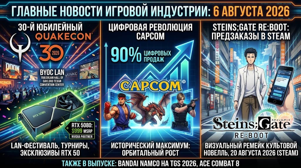 Старт 30-й QuakeCon 2026, цифровая революция Capcom и предзаказы STEINS;GATE RE:BOOT: Главные новости за 6 августа 2026