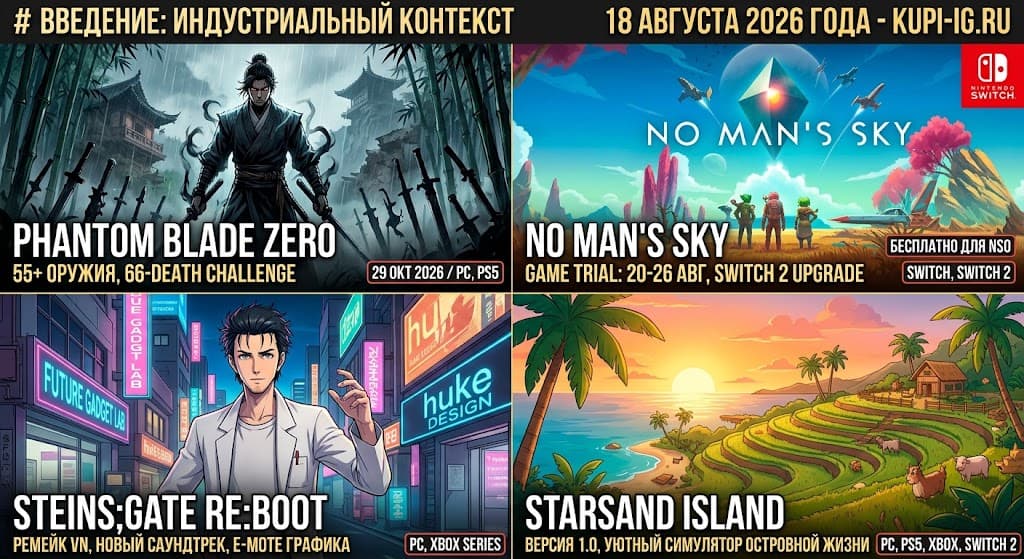 55 видов оружия в Phantom Blade Zero, бесплатный No Man's Sky на Switch 2, детали STEINS;GATE RE:BOOT и релиз Starsand Island 1.0: Главные новости за 18 августа 2026